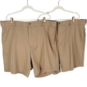 2 Pairs PGA Tour Mens Khaki Shorts Size 42 Flat Front Polyester Golf Casual
